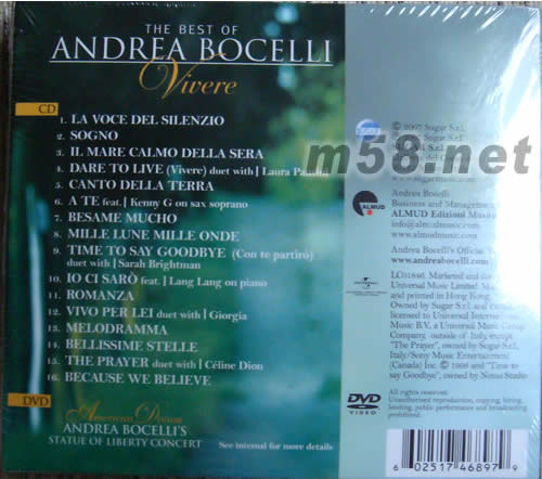 THE BEST OF ANDREA BOCELLI VIVERE 安德烈波切利 生命奇跡(CD+DVD特別版)專輯背面圖片