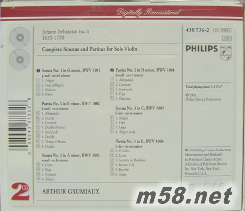 Bach Complete Sonatas and Partitas for Solo Violin無伴奏小提琴奏鳴曲與組曲(白色封面雙CD)專輯背面圖片