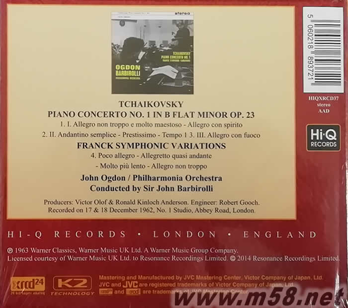 BARBIROLLI 柴可夫斯基 第一鋼琴協奏曲 TCHAIKOVSKY:PIANO CONCERTO NO.1 XRCD專輯背面圖片
