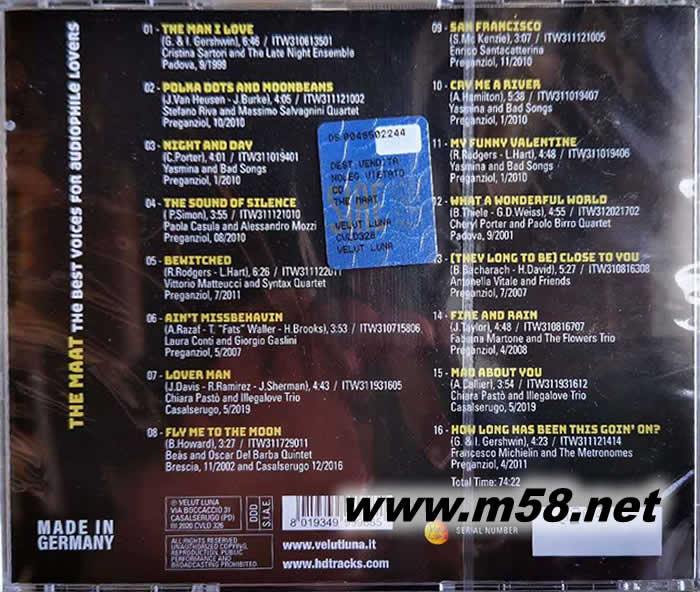 揚聲器巨無霸Sigma Acoustic MAAT(瑪特)示范專集The Best Voices For Audiophile Lovers 限量版CD專輯背面圖片