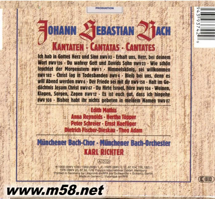 巴哈 - 清唱?jiǎng)〉诙?Karl Richter - Bach: Cantatas Vol. 2 (5CD套裝)專輯背面圖片