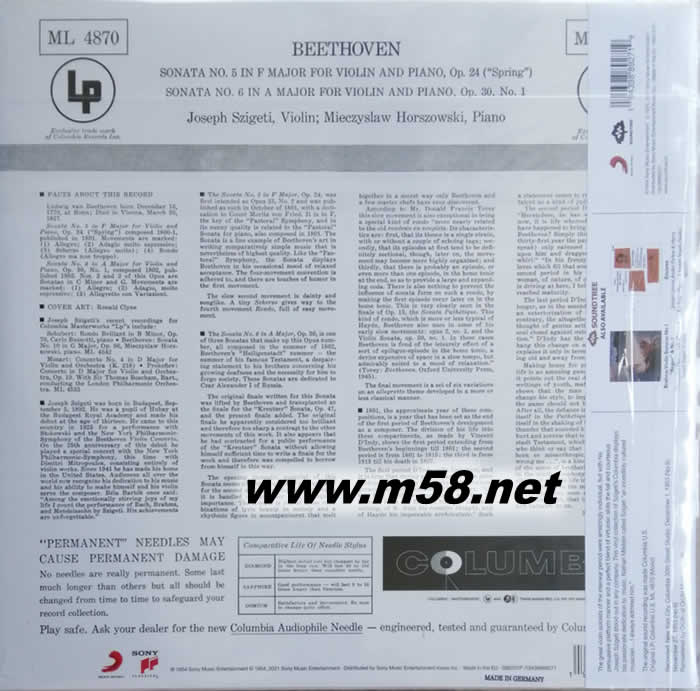鋼琴與小提琴 Mieczyslaw Horszowski (Piano) & Joseph Szigeti (Violin) 黑膠專輯背面圖片