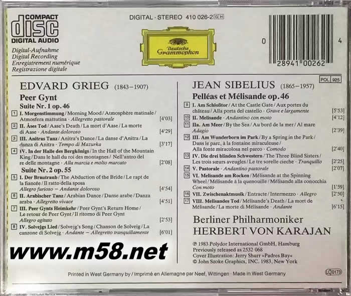 卡拉揚指揮 格里格:皮爾金組曲,西貝柳斯:佩里亞斯與梅麗桑德 Grieg: Peer Gynt Suites 1 & 2, Op. 46 & 55 / Sibelius: Pelleas et Melisande, Op. 46 CD專輯背面圖片
